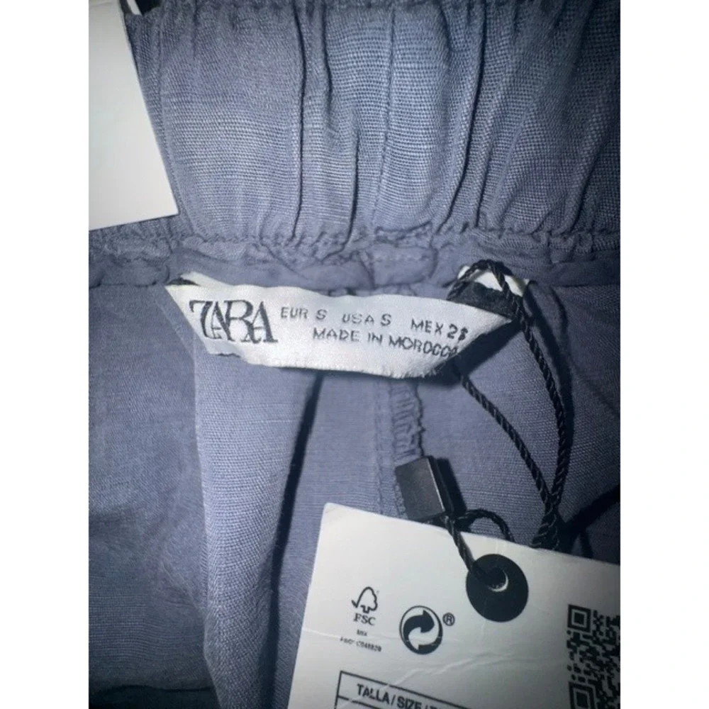 Zara‎ Pants Women S Blue Linen Blend Relaxed Drawstring Straight Leg NWT